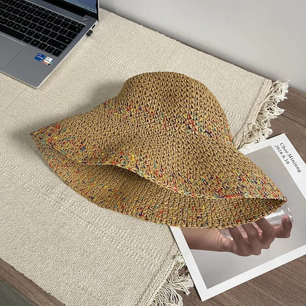Wide Brim Straw Sun Hat For Women Beach Bucket Hat UV Protection Summer Cap 4