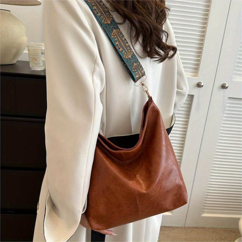 Large Capacity Leather Shoulder Bag For Women Vintage Crossbody Tote With Wide Strap 2