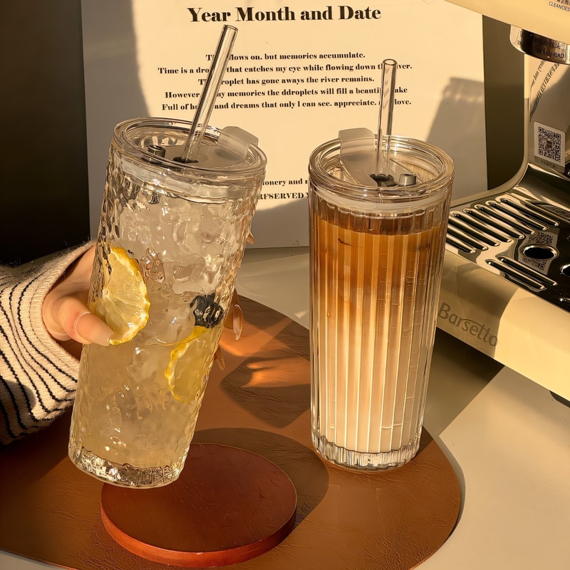 Clear Glass Tumbler With Straw And Lid Large Capacity Iced Coffee Cup 1