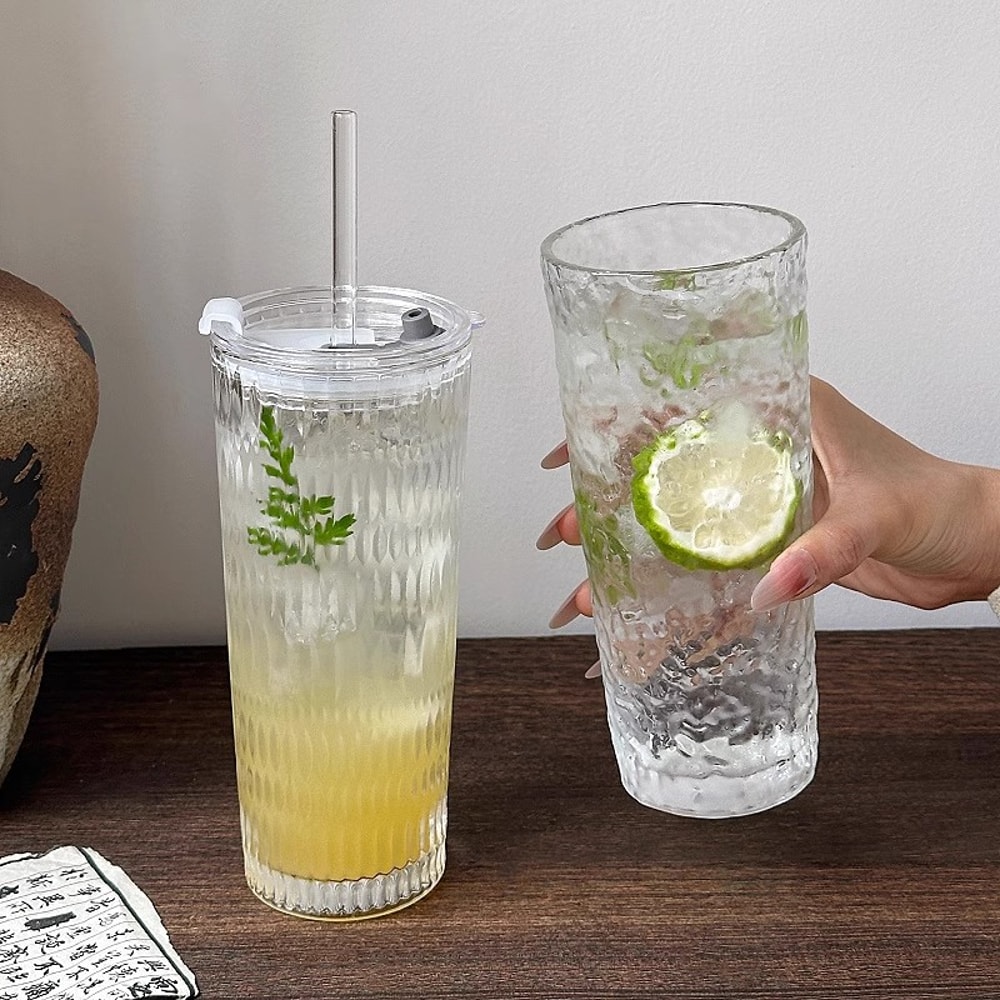 Clear Glass Tumbler With Straw And Lid Large Capacity Iced Coffee Cup 0