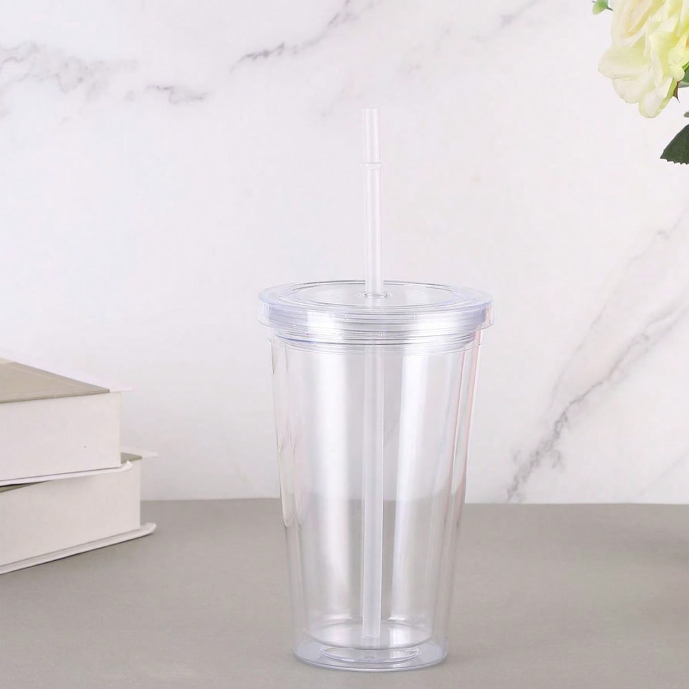Double Layer Transparent Tumbler with Straw Reusable Insulated Water Bottle Cup