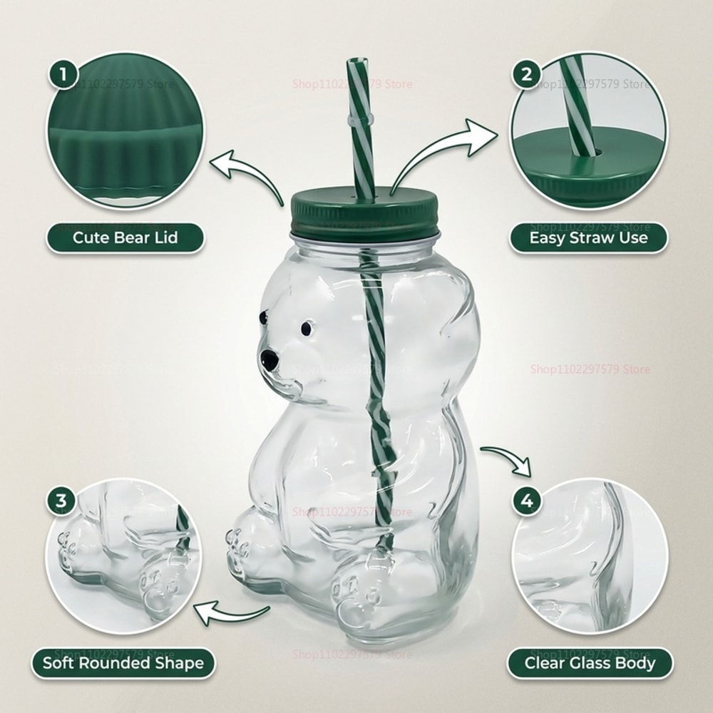 Cute Bear Glass Cup With Straw And Borosilicate Drinkware Mug 2
