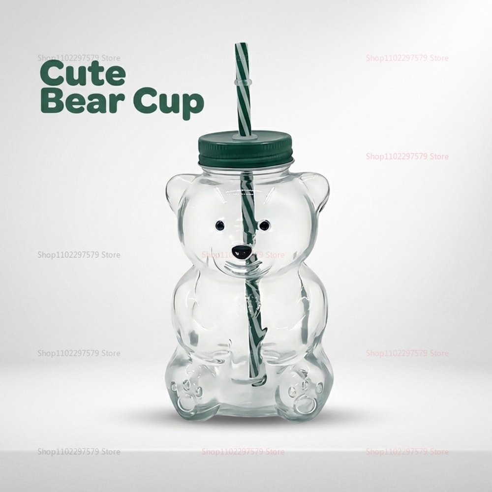 Cute Bear Glass Cup With Straw And Borosilicate Drinkware Mug 3