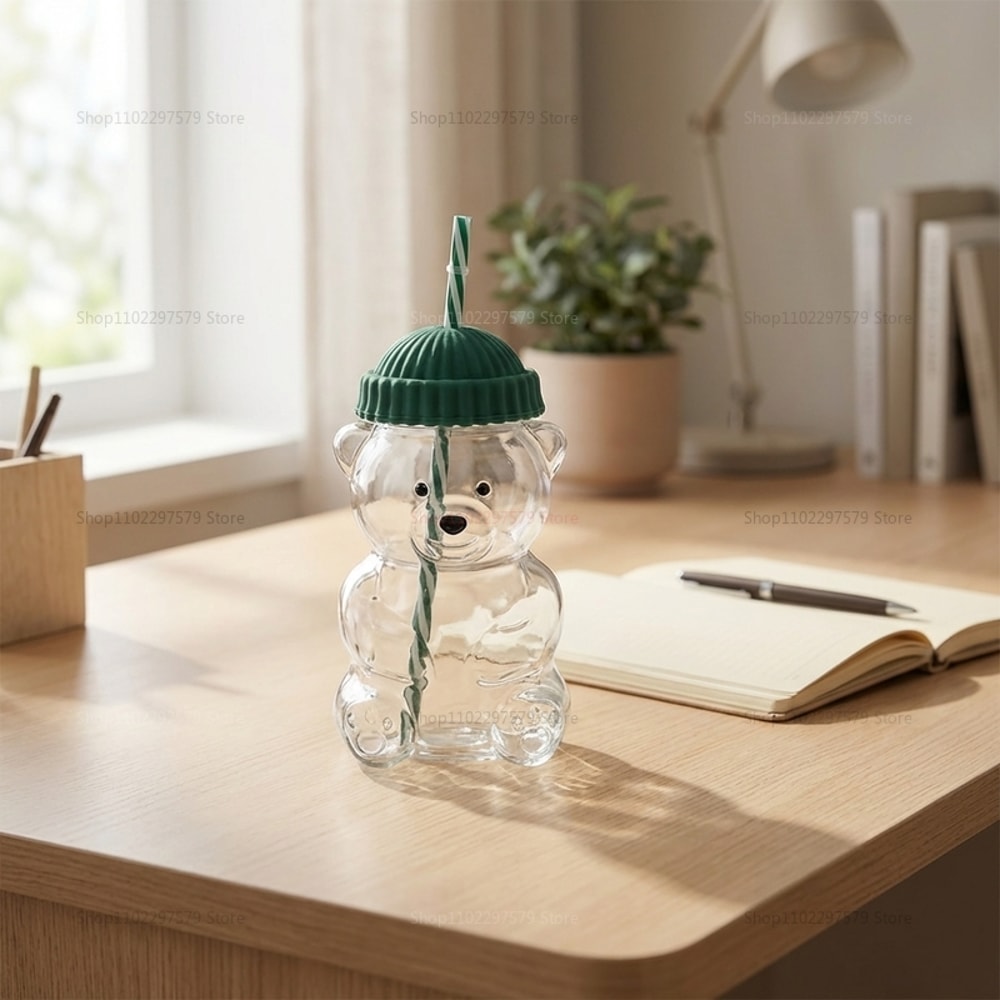 Cute Bear Glass Cup With Straw And Borosilicate Drinkware Mug 4