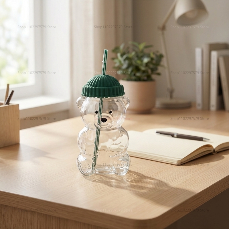 Cute Bear Glass Cup With Straw And Borosilicate Drinkware Mug 4