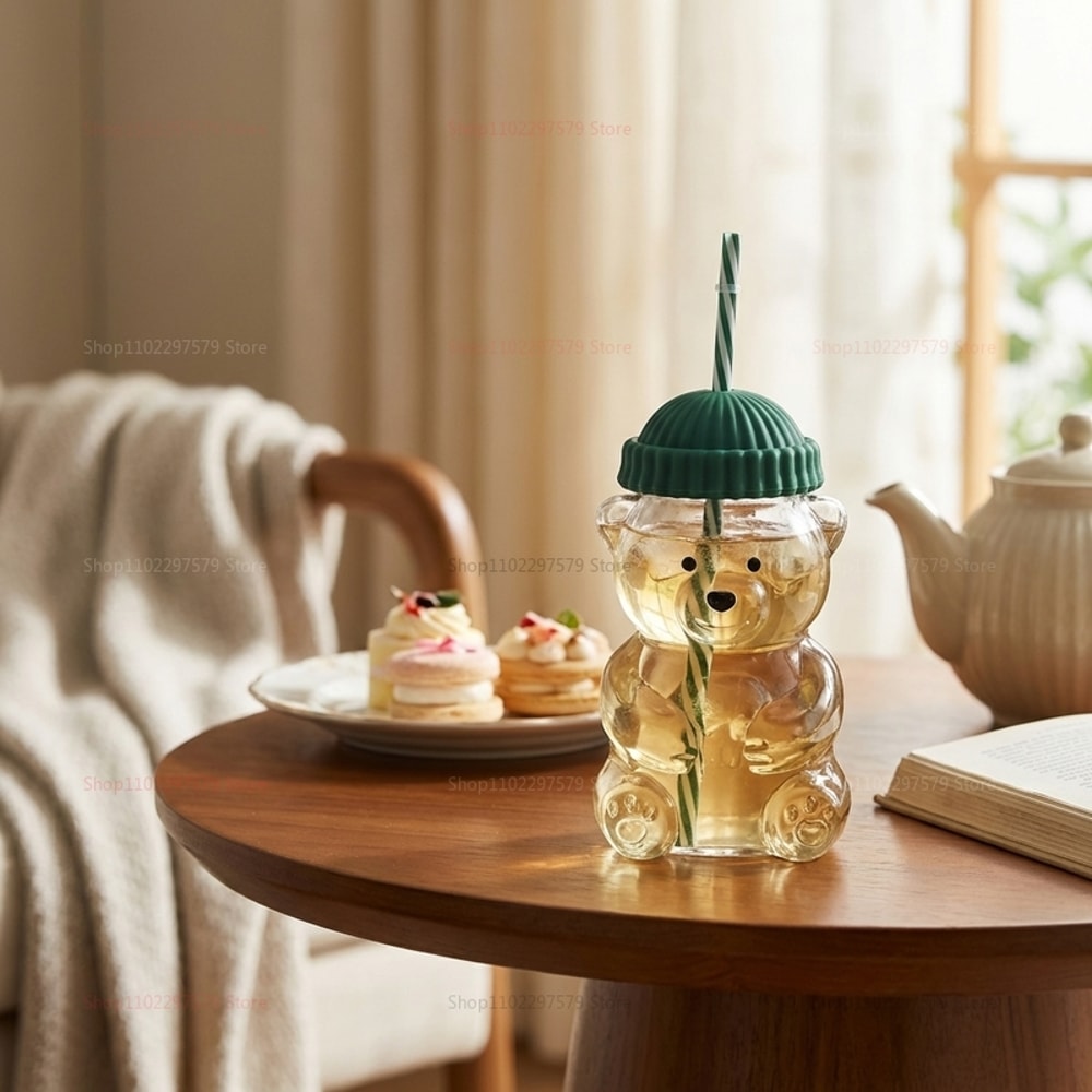 Cute Bear Glass Cup With Straw And Borosilicate Drinkware Mug 0