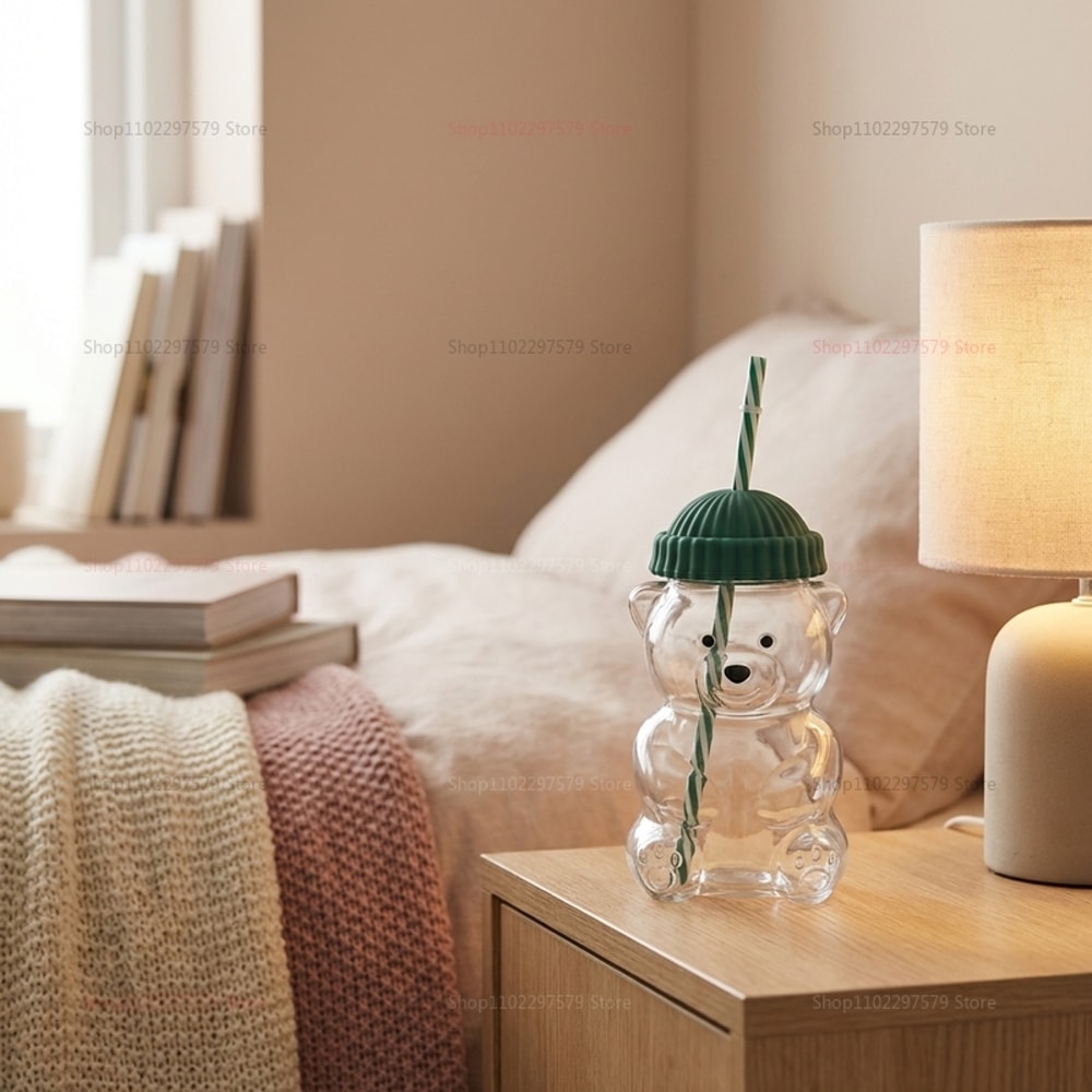 Cute Bear Glass Cup With Straw And Borosilicate Drinkware Mug 1