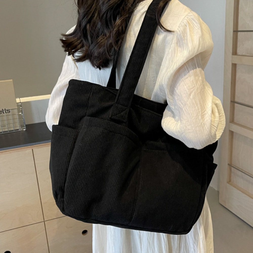 Large Capacity Corduroy Tote Bag Casual Striped Shoulder Handbag For Women 1