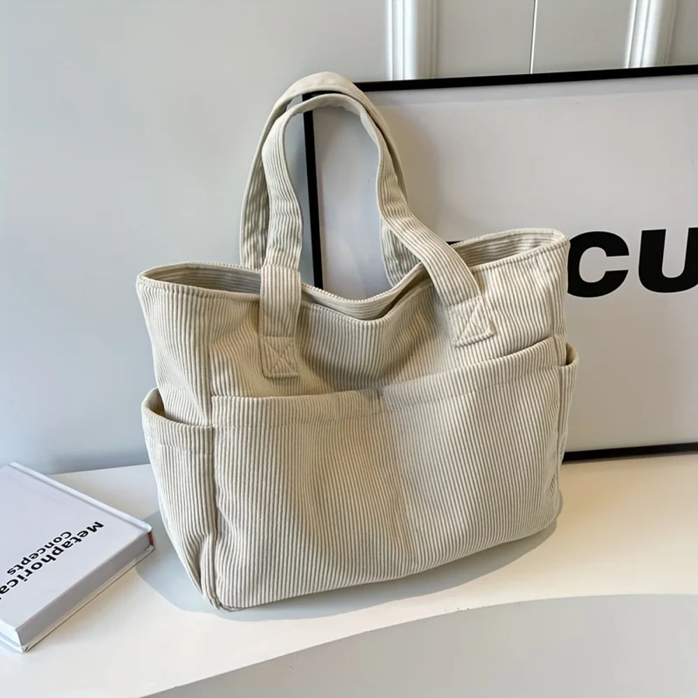 Large Capacity Corduroy Tote Bag Casual Striped Shoulder Handbag For Women 2