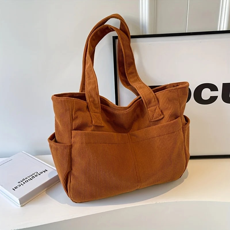 Large Capacity Corduroy Tote Bag Casual Striped Shoulder Handbag For Women 7