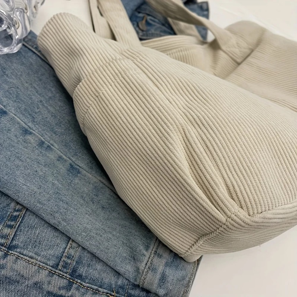 Large Capacity Corduroy Tote Bag Casual Striped Shoulder Handbag For Women 0