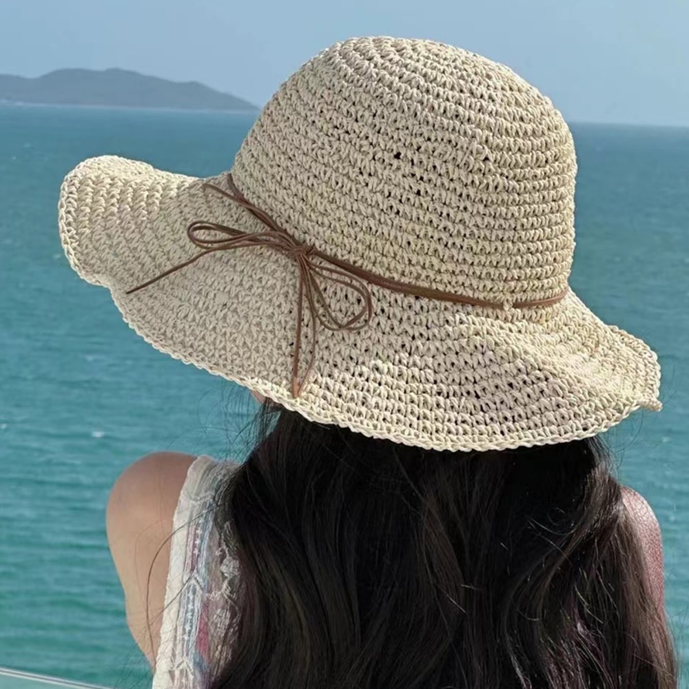 Korean Straw Sun Hat For Women Wide Brim Beach Visor Bucket Hat 2