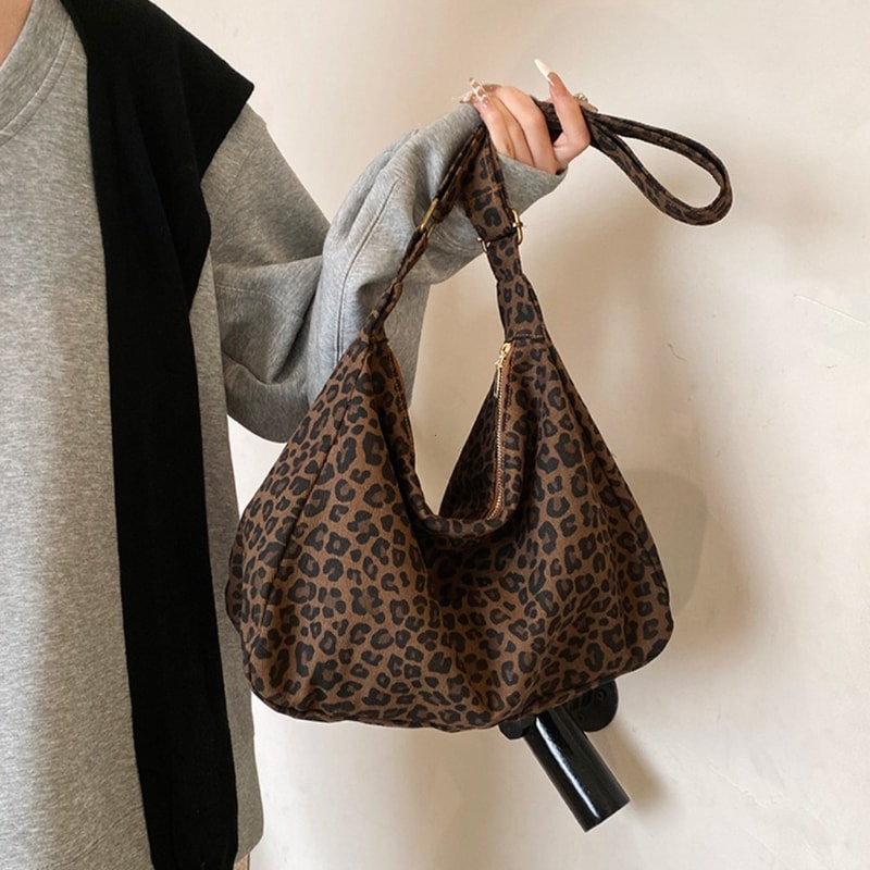 Leopard Print Canvas Tote Bag Large Capacity Crossbody Shoulder Bag for Women