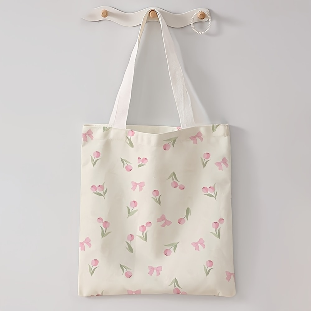 Tulip Print Canvas Tote Bag Reusable Floral Handbag Backpack 1