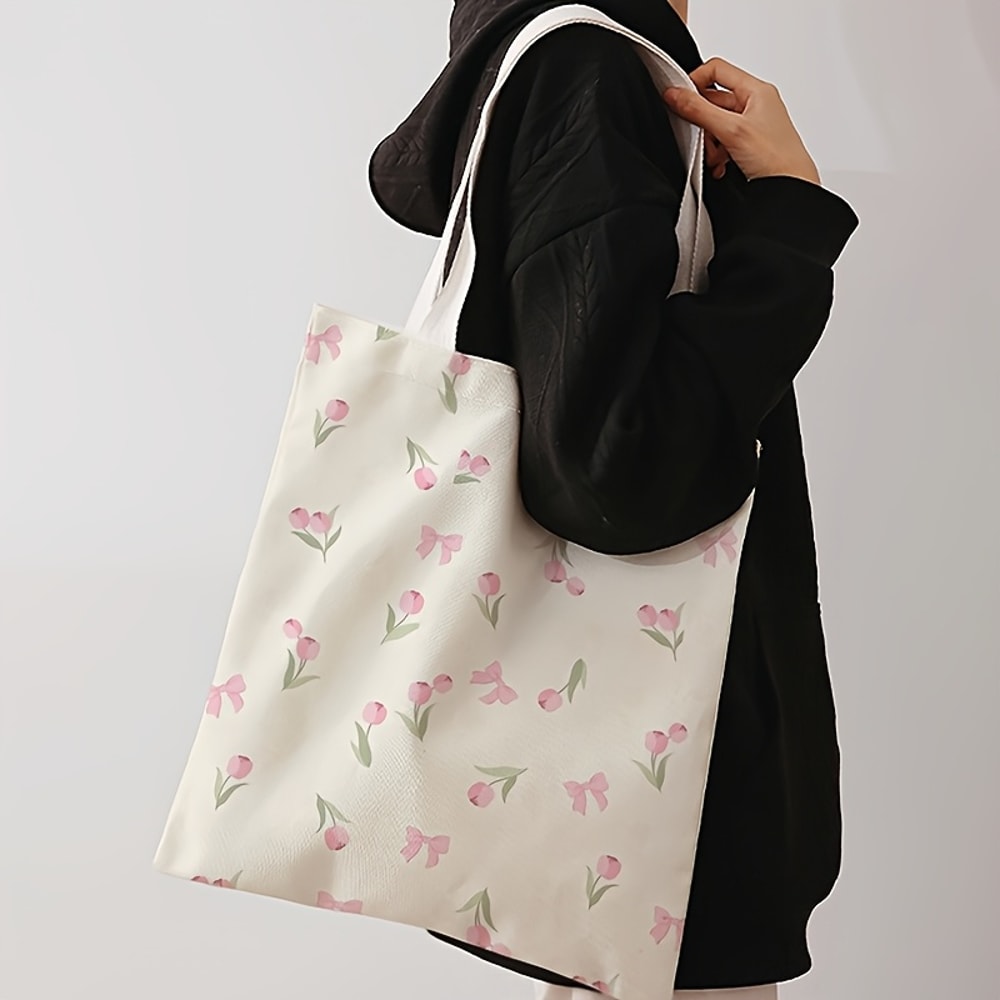 Tulip Print Canvas Tote Bag Reusable Floral Handbag Backpack 0
