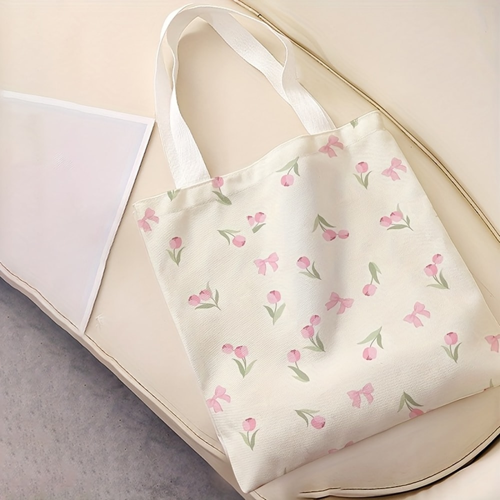 Tulip Print Canvas Tote Bag Reusable Floral Handbag Backpack 2