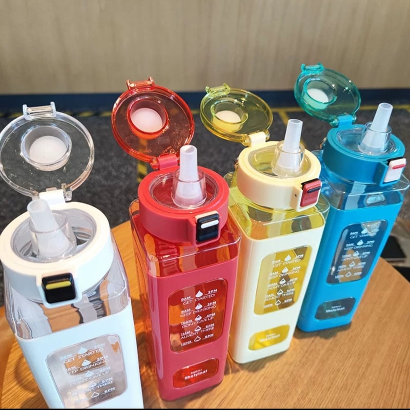 Leakproof Straw Water Bottle With Handle Square Juice Cup Portable Drink Tumbler 0