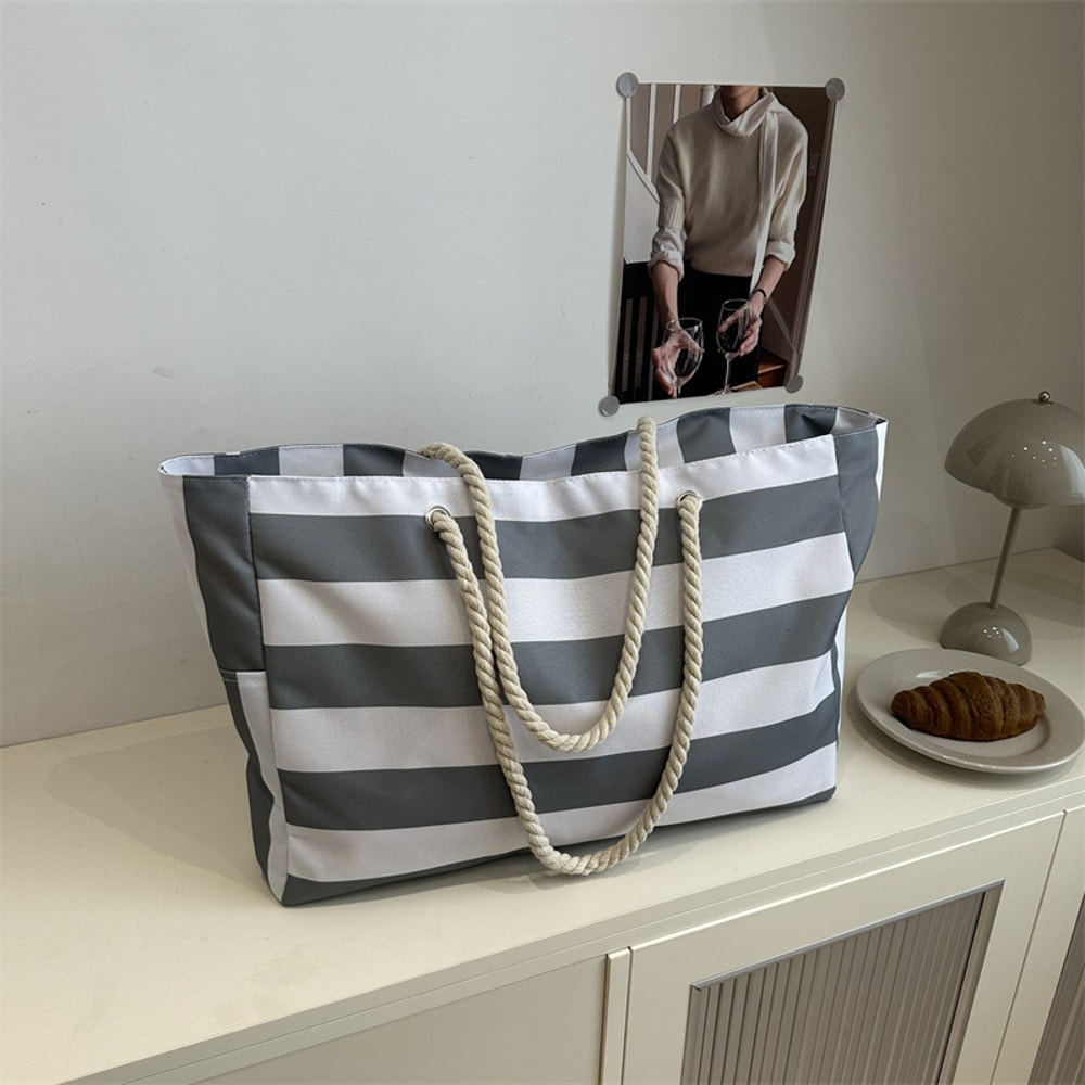 Waterproof Foldable Beach Bag Large Striped Canvas Travel Tote 0