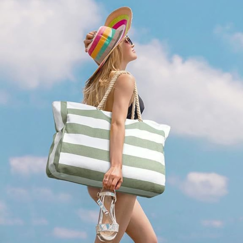 Waterproof Foldable Beach Bag Large Striped Canvas Travel Tote 3
