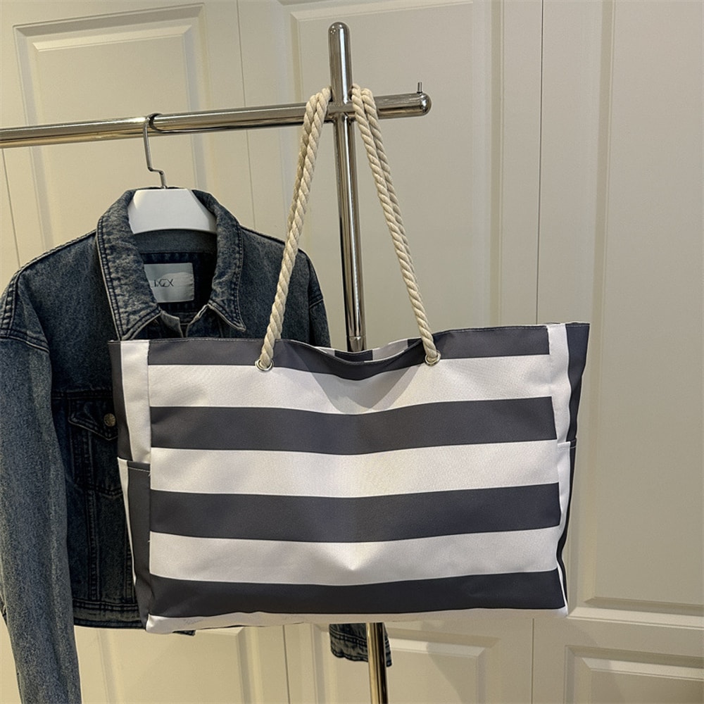 Waterproof Foldable Beach Bag Large Striped Canvas Travel Tote 6