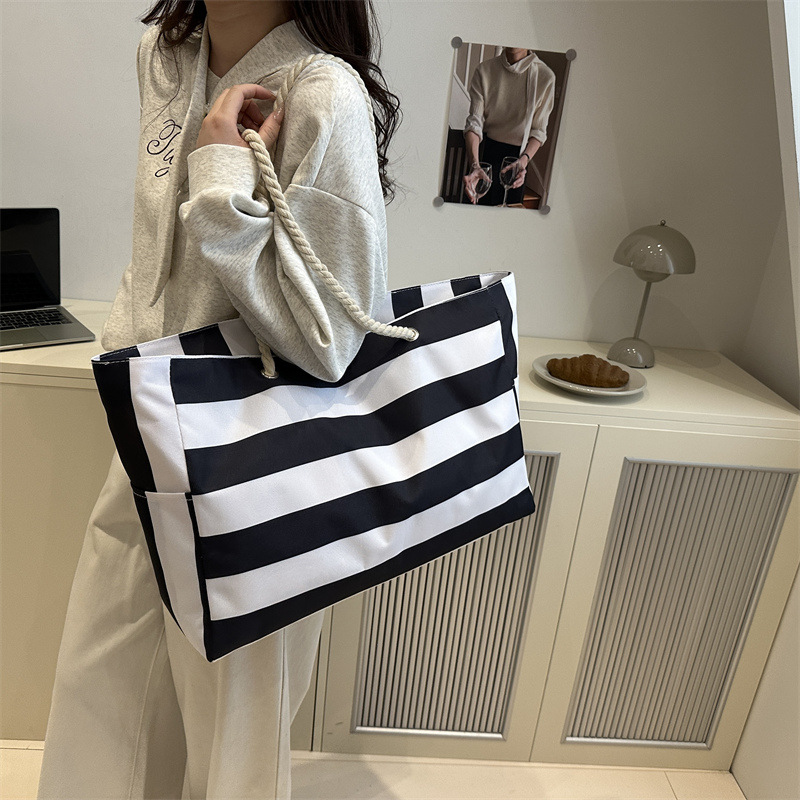 Waterproof Foldable Beach Bag Large Striped Canvas Travel Tote 7