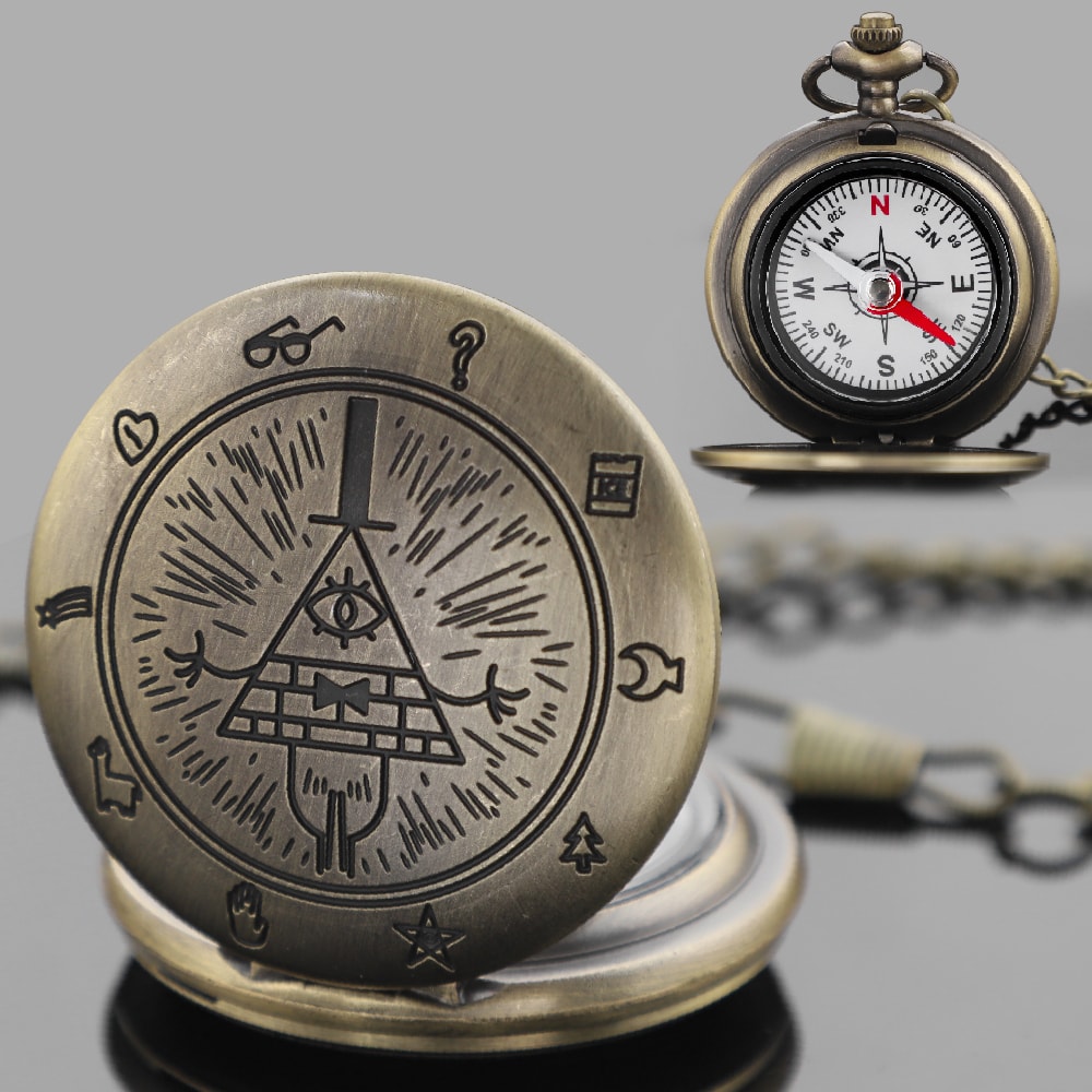 Vintage Compass Pocket Watch Necklace Brass Pyramid Eye Navigation Pendant 1