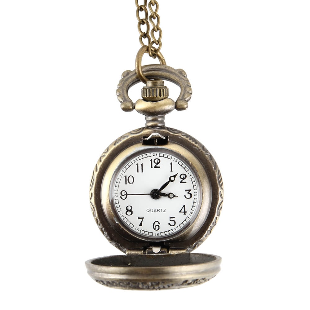 Vintage Dual Time Pocket Watch Necklace Roman Numeral Pendant Quartz Chain Watch 5