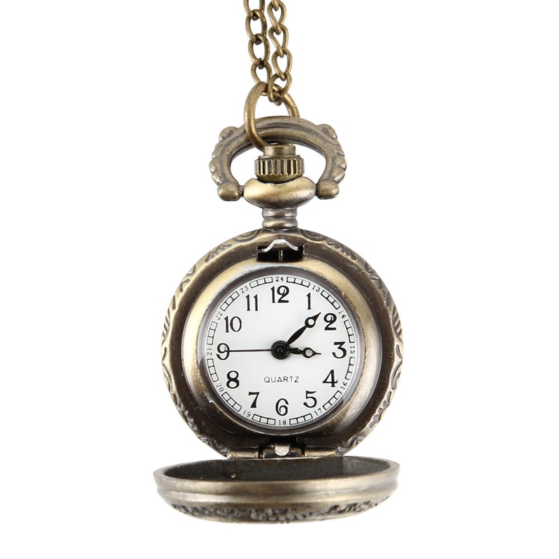 Vintage Dual Time Pocket Watch Necklace Roman Numeral Pendant Quartz Chain Watch 5