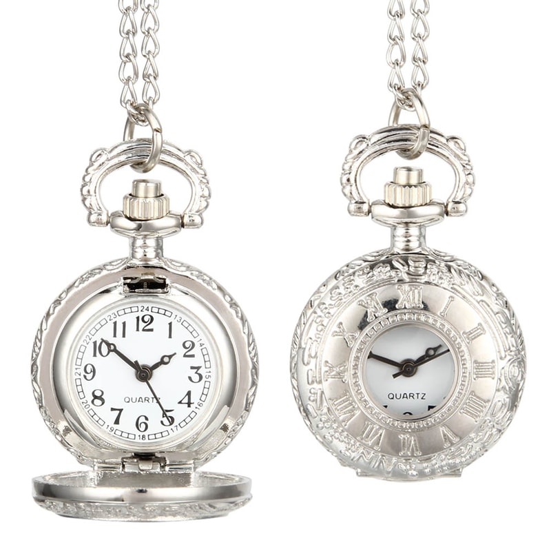 Vintage Dual Time Pocket Watch Necklace Roman Numeral Pendant Quartz Chain Watch 2