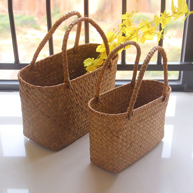 Handmade Seagrass Woven Basket Boho Storage Tote For Home Decor And Plant Styling 1