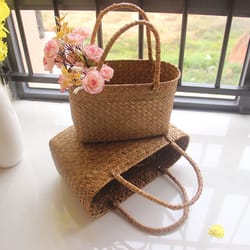 handmade seagrass woven basket boho storage tote for home decor and plant styling