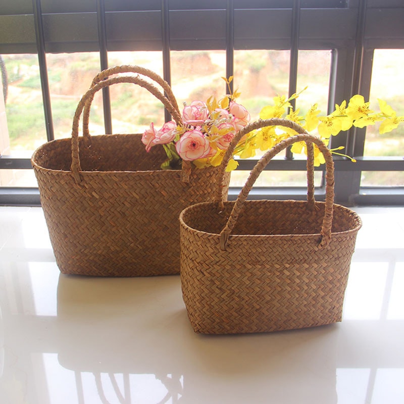 Handmade Seagrass Woven Basket Boho Storage Tote For Home Decor And Plant Styling 2