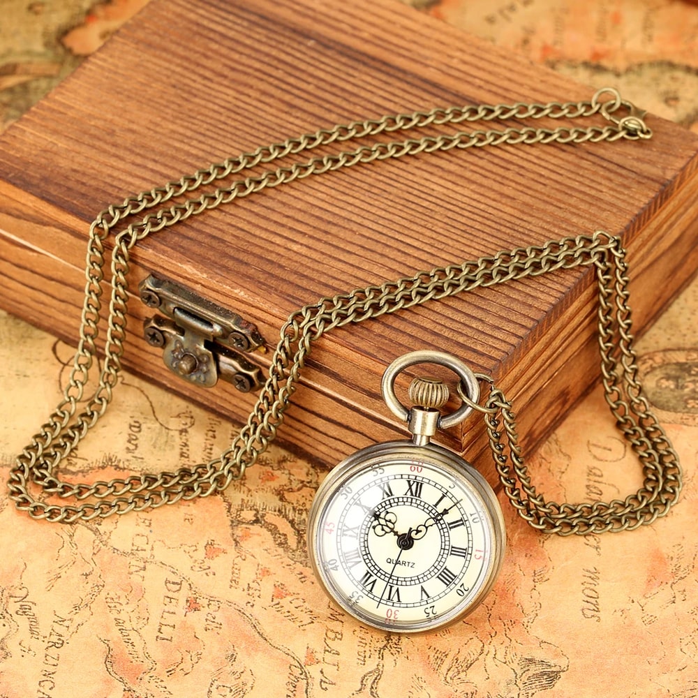 Minimalist Vintage Pocket Watch Necklace With Roman Numerals Quartz Pendant 4