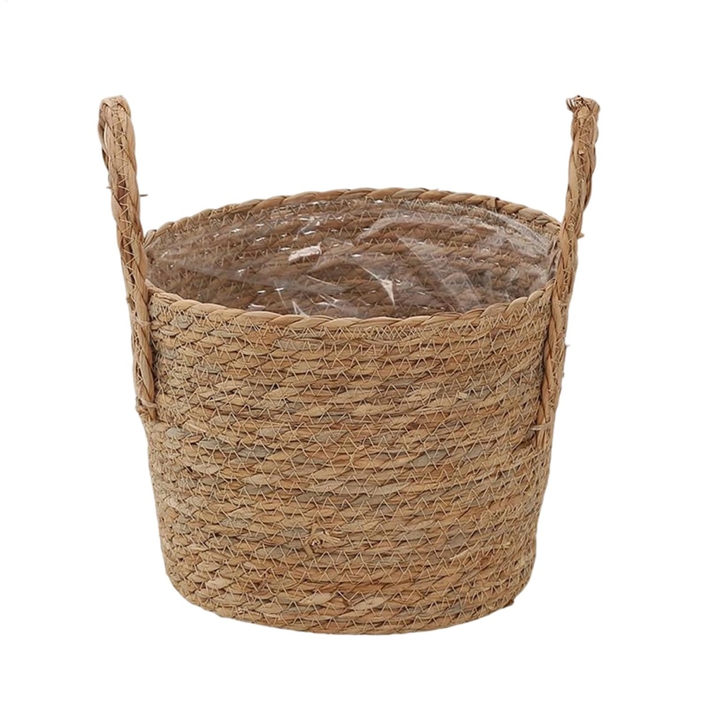 Handwoven Seagrass Planter Basket Rustic Wicker Plant Pot With Handles For Indoor Outdoor Decor 2