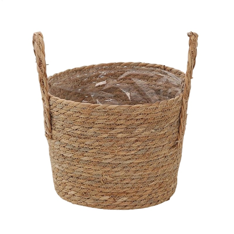 Handwoven Seagrass Planter Basket Rustic Wicker Plant Pot With Handles For Indoor Outdoor Decor 2