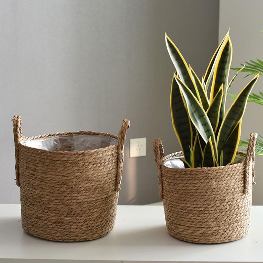 Handwoven Seagrass Planter Basket Rustic Wicker Plant Pot With Handles For Indoor Outdoor Decor 5