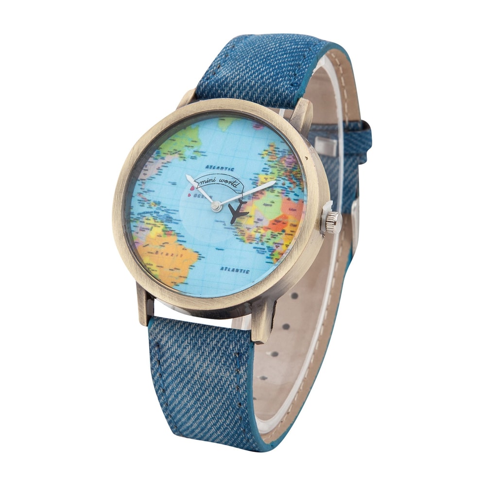 World Map Denim Strap Watch Casual Quartz Travel Wristwatch For Men And Women 4
