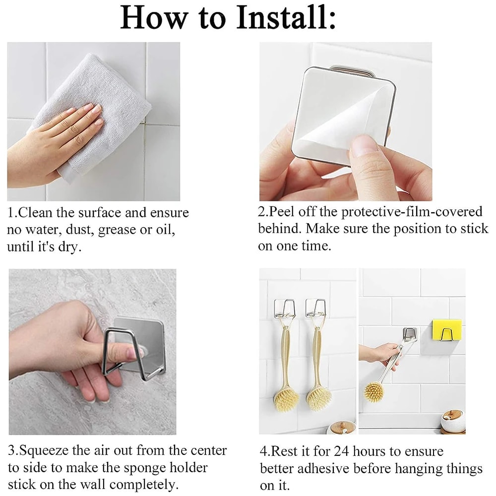 Stainless Steel Sink Sponge Holder Self Adhesive Kitchen Organizer Rack 4