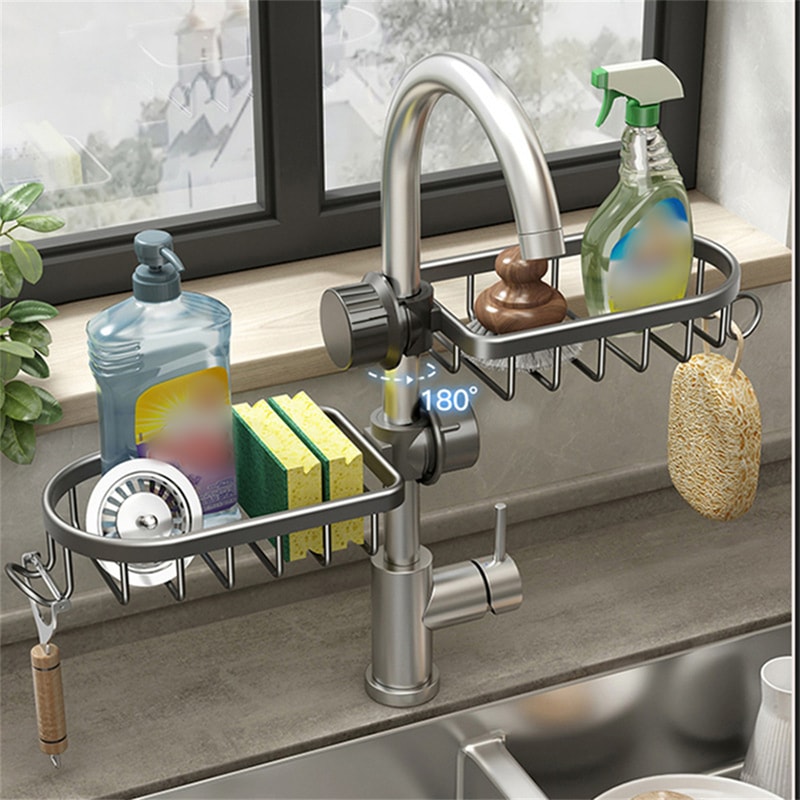 Sink Sponge Holder with Drain Tray No Drill Kitchen Storage Rack Organizer