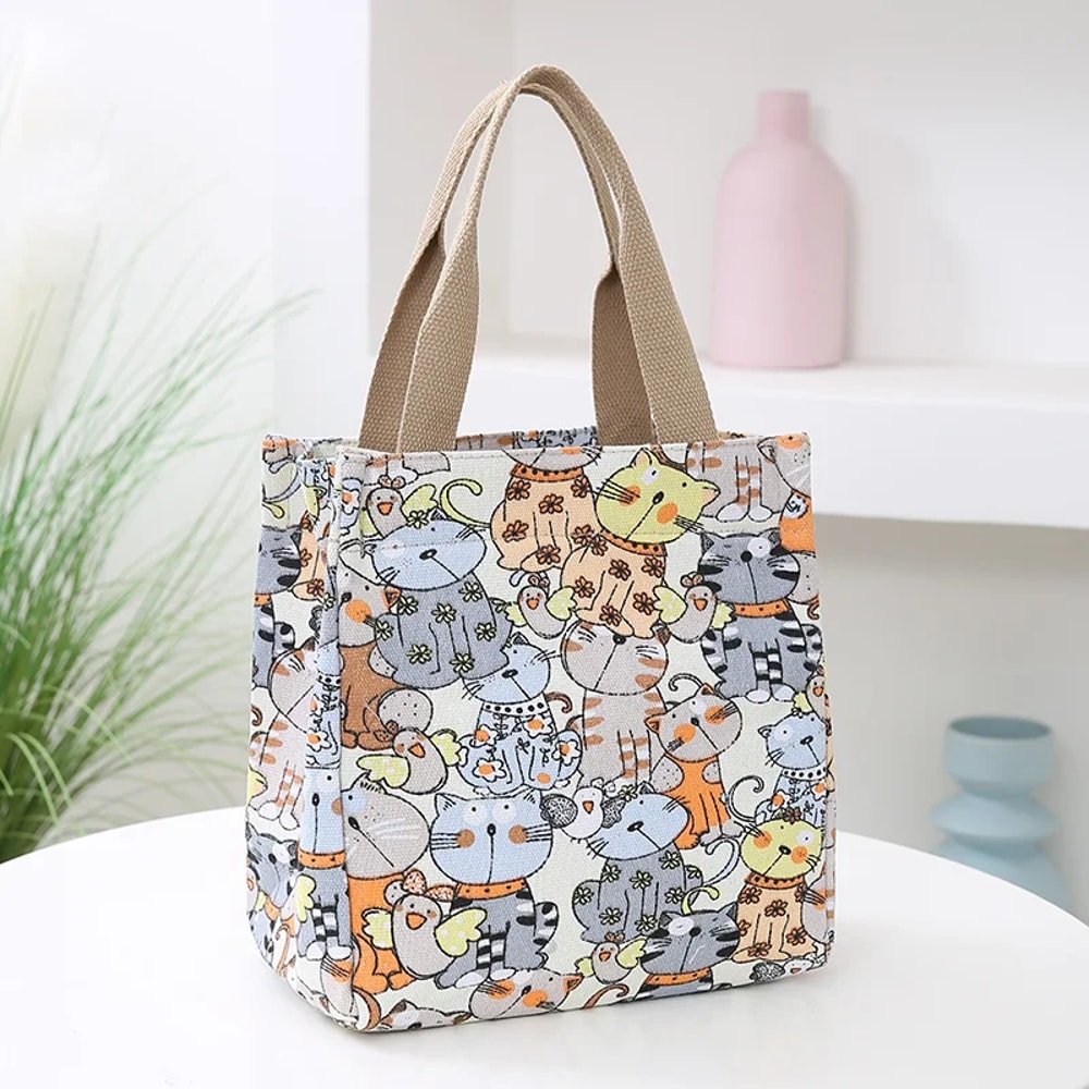 Cute Cat Pattern Tote Bag For Women Retro Top Handle Handbag Mommy Bag 4