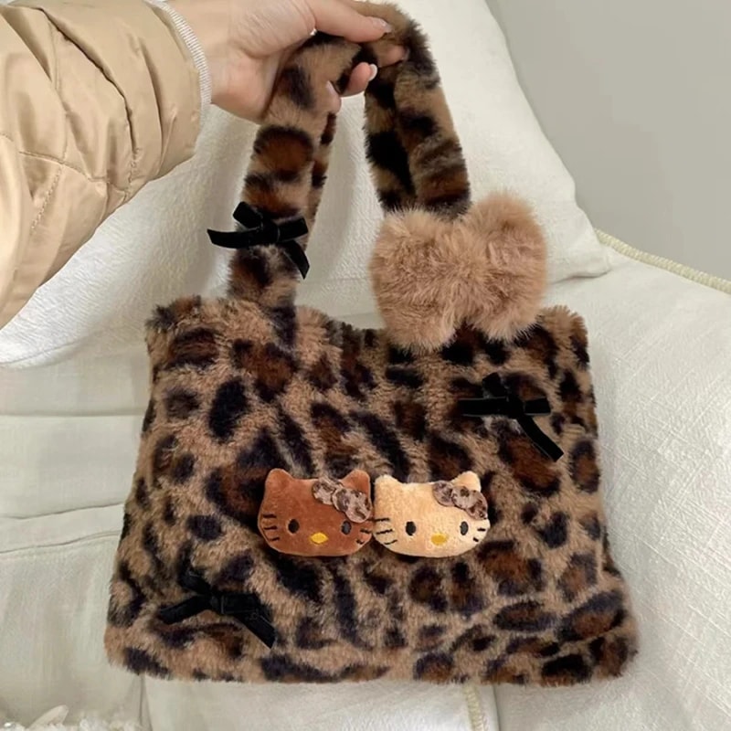 Hello Kitty Leopard Print Plush Shoulder Bag Cute Girls Handbag Lightweight Fashion Purse