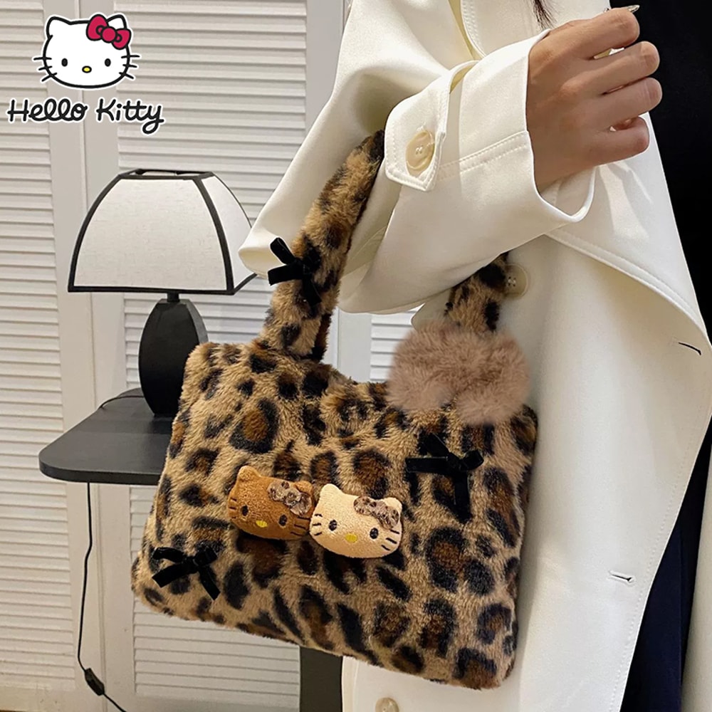 Hello Kitty Leopard Print Plush Shoulder Bag Cute Girls Handbag Lightweight Fashion Purse