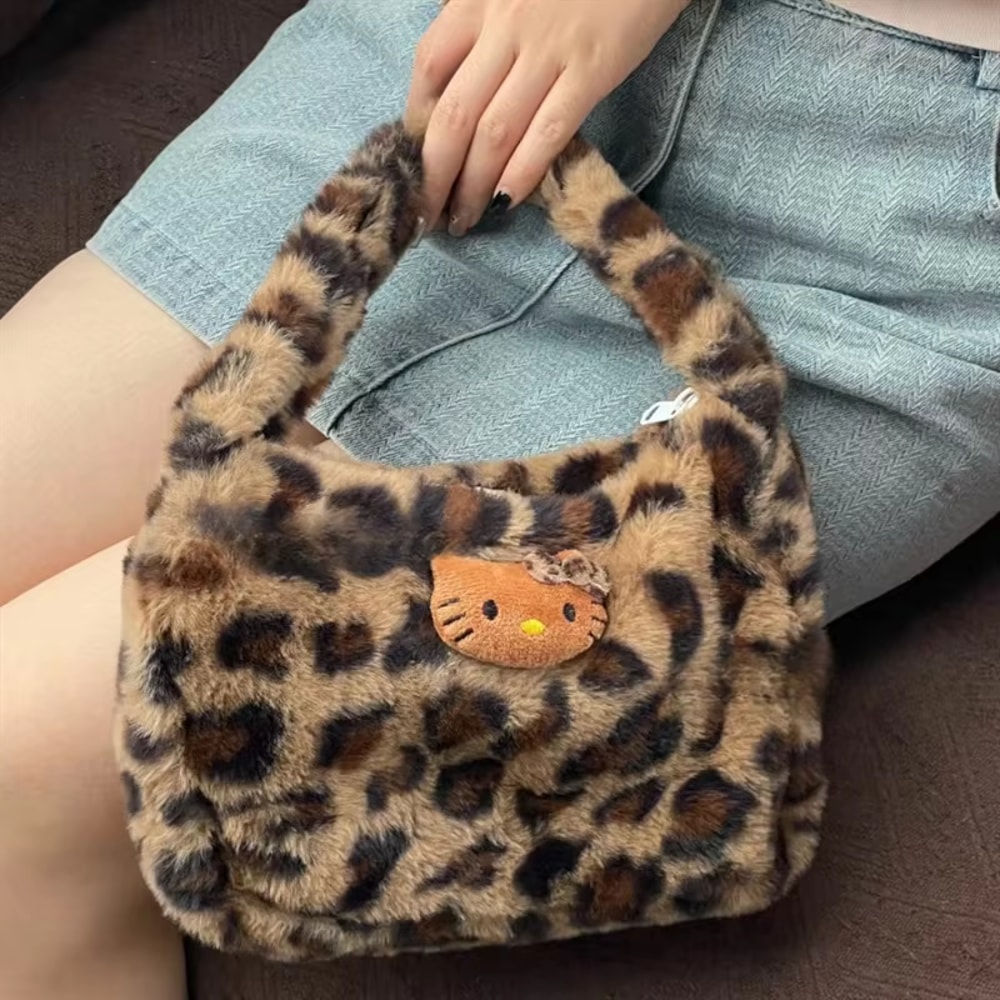 Hello Kitty Leopard Print Plush Shoulder Bag Cute Girls Handbag Lightweight Fashion Purse