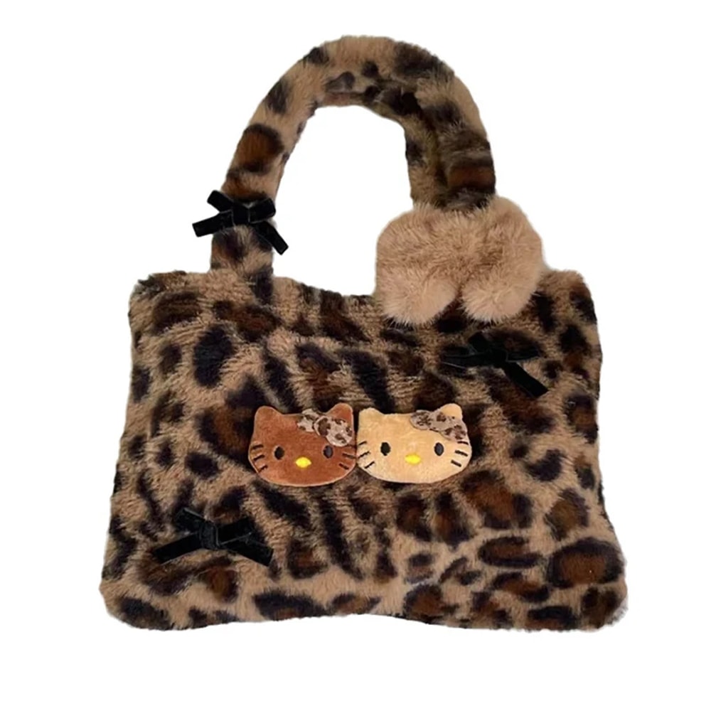 Hello Kitty Leopard Print Plush Shoulder Bag Cute Girls Handbag Lightweight Fashion Purse