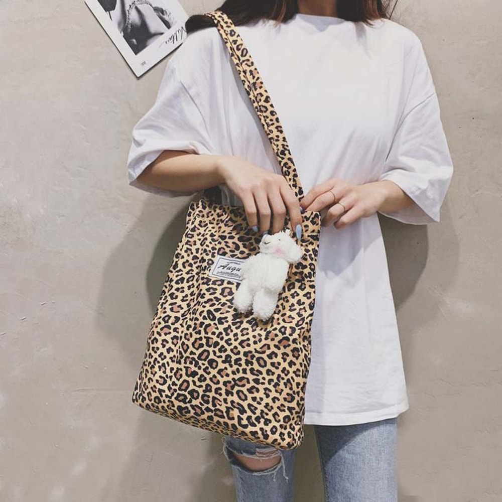 Leopard Print Canvas Tote Bag Large Capacity Stylish Shoulder Shopping Bag 2