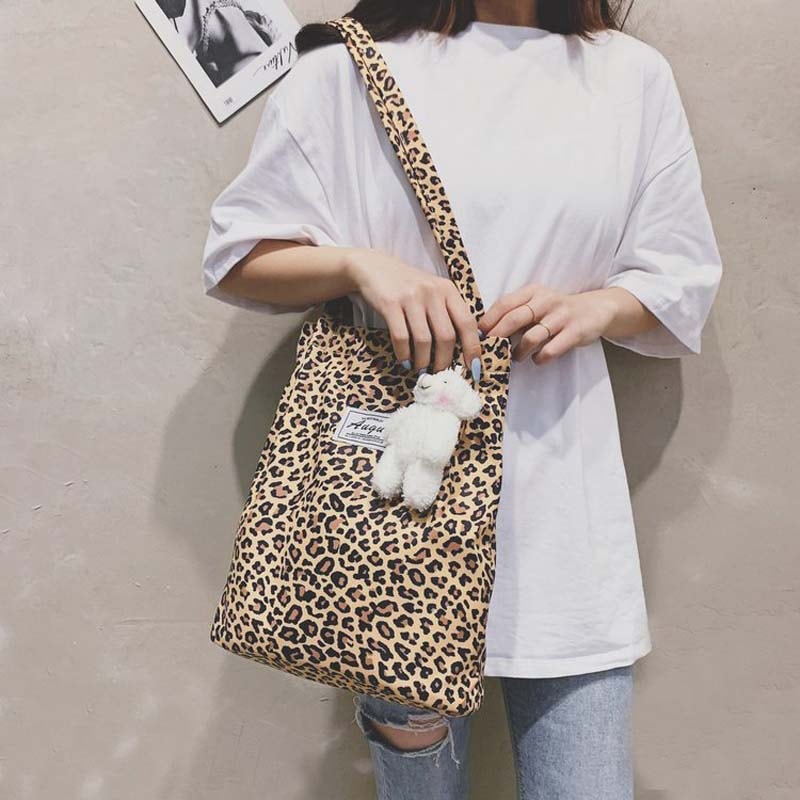 Leopard Print Canvas Tote Bag Large Capacity Stylish Shoulder Shopping Bag 2
