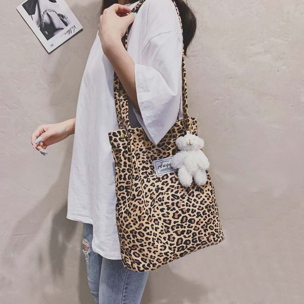 Leopard Print Canvas Tote Bag Large Capacity Stylish Shoulder Shopping Bag 3