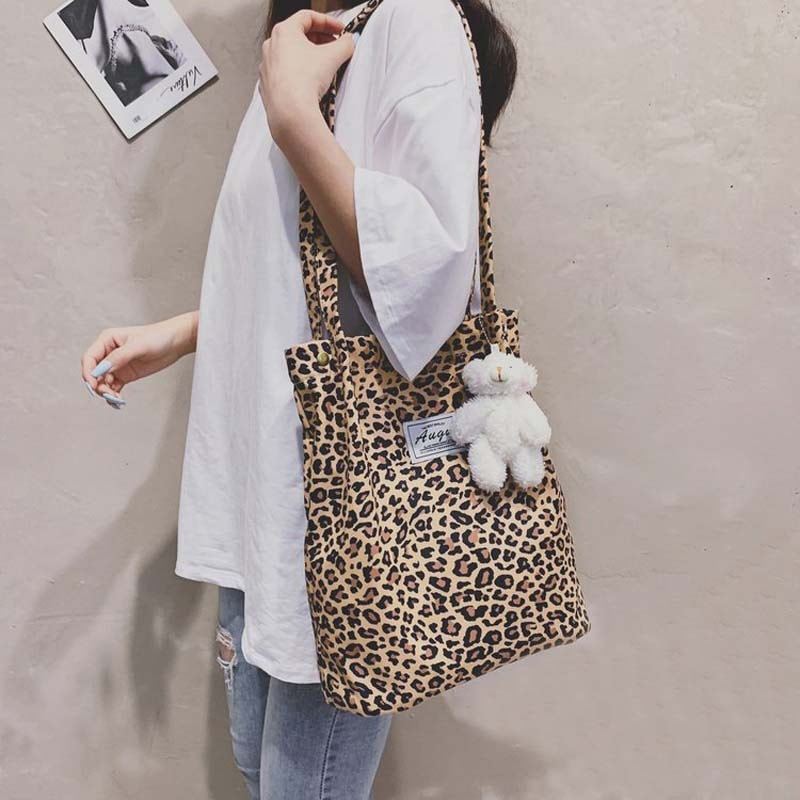 Leopard Print Canvas Tote Bag Large Capacity Stylish Shoulder Shopping Bag 3