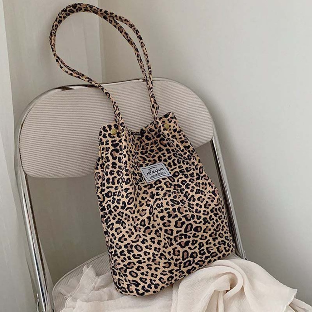 Leopard Print Canvas Tote Bag Large Capacity Stylish Shoulder Shopping Bag 4