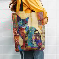 floral cat canvas tote bag aesthetic shoulder bag for school shopping and everyday use
